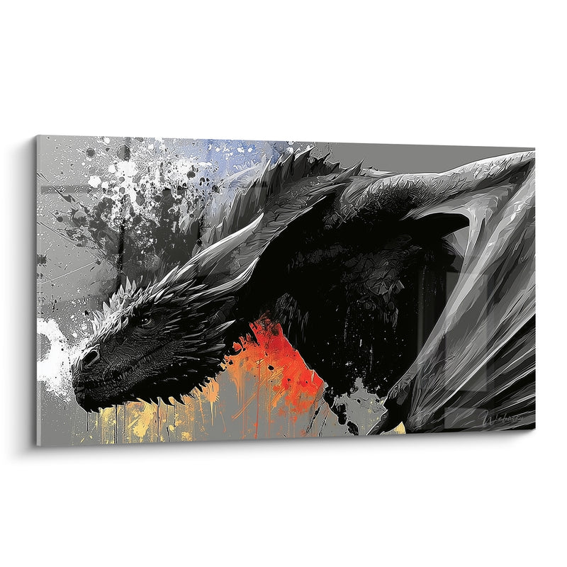 Tableau Dragon noir et gris à coulures orangées - Éclaboussures de peinture - Edition Dragon