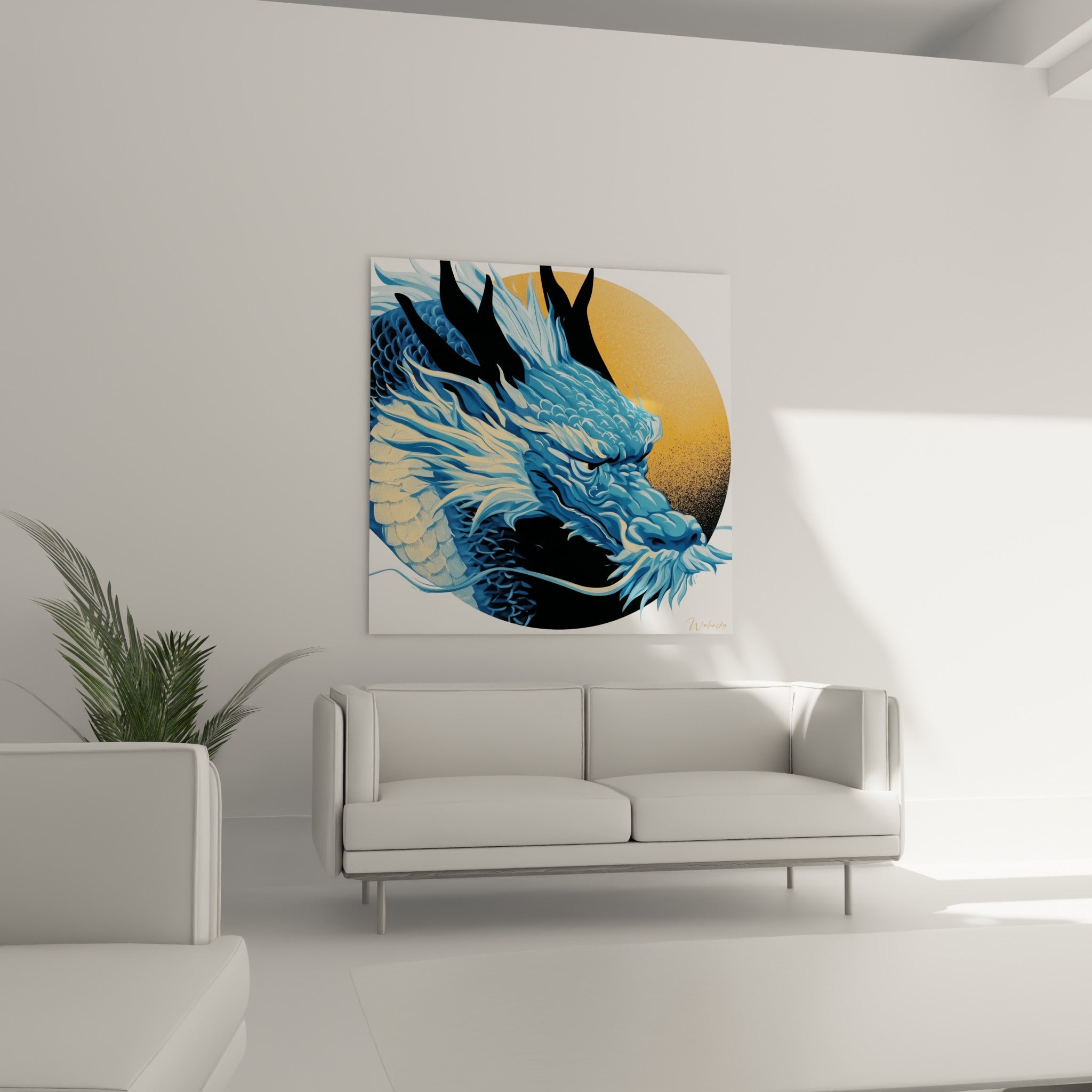 Tête de dragon bleu et noir aux écailles fines au-dessus d'un canapé dans un salon lumineux