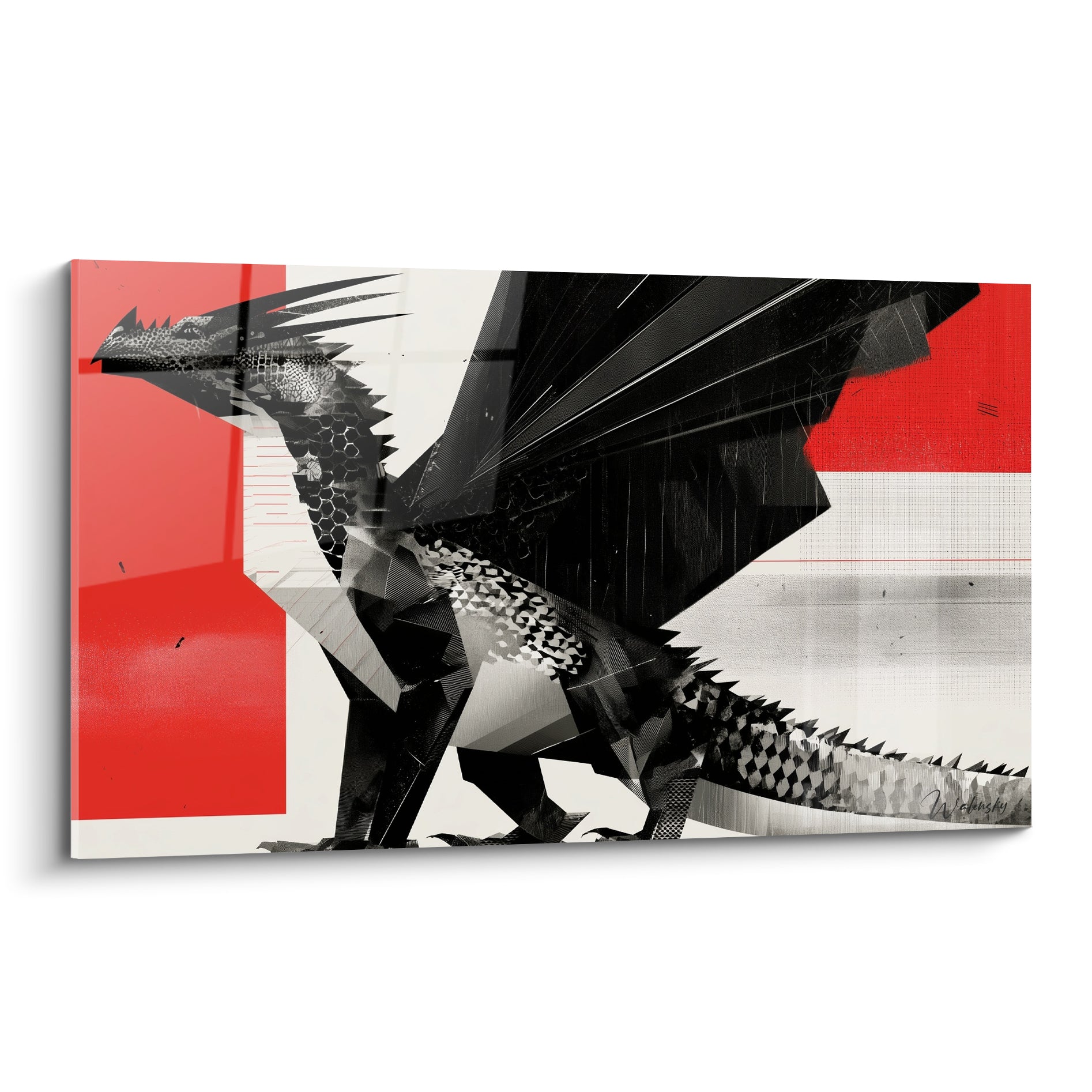Dragon noir aux ailes déployées, écailles géométriques, fond rouge et blanc fracturé