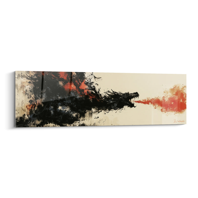 Tableau Dragon noir et rouge crachant une flamme horizontale - Fond ivoire éclaboussé - Edition Dragon