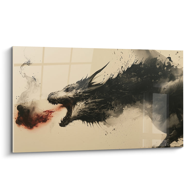 Tableau Tête noire et blanche à gueule ouverte crachant fumée rouge - Éclaboussures d'encre projetée - Edition Dragon