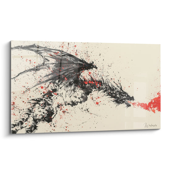 Dragon noir aux ailes déployées crachant une flamme rouge sur fond ivoire éclaboussé