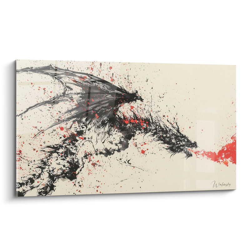 Tableau Dragon noir crachant flamme rouge éclaboussée - Souffle de feu - Edition Dragon