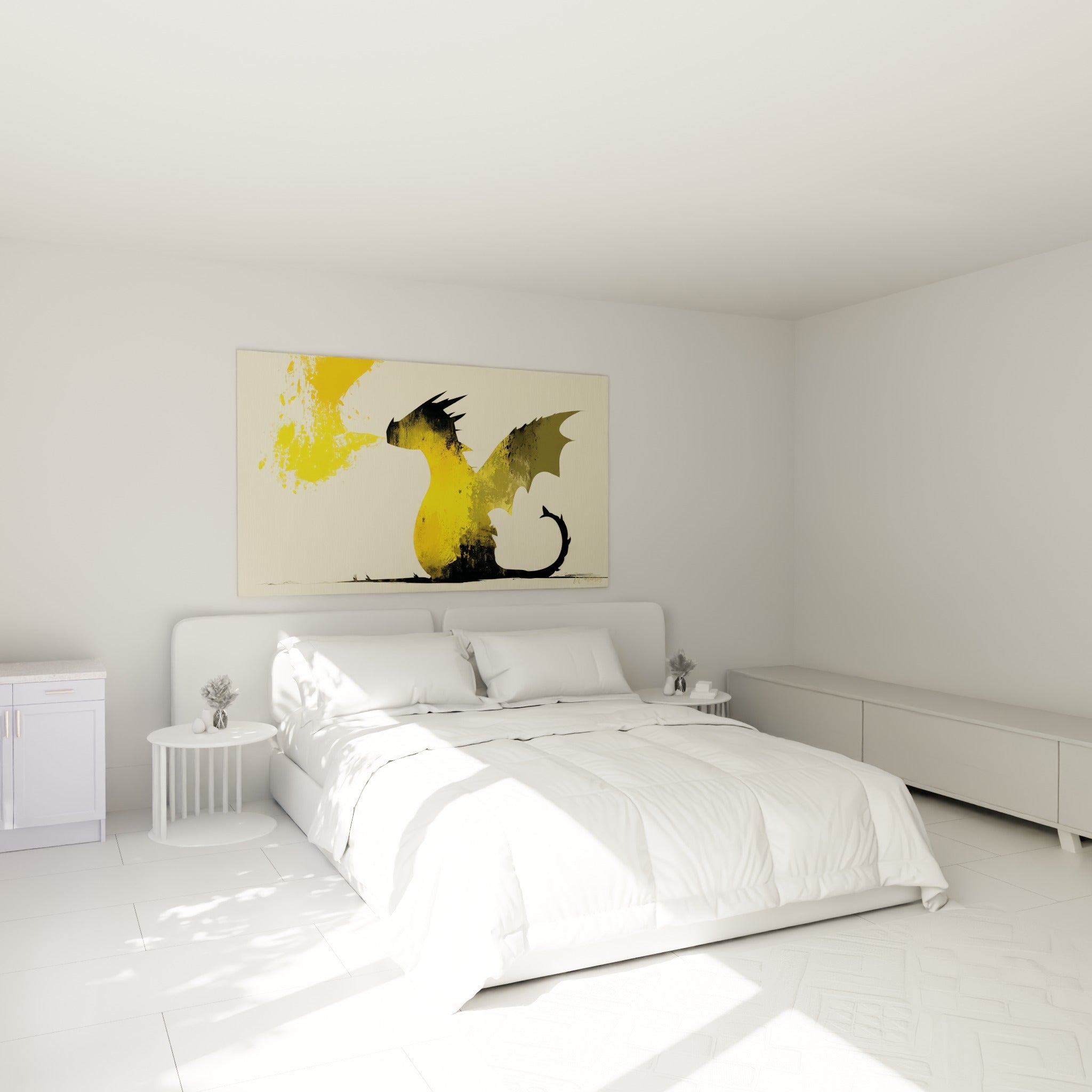 Silhouette de dragon ocre et anthracite crachant du feu, accrochée au-dessus d'un lit dans une chambre claire