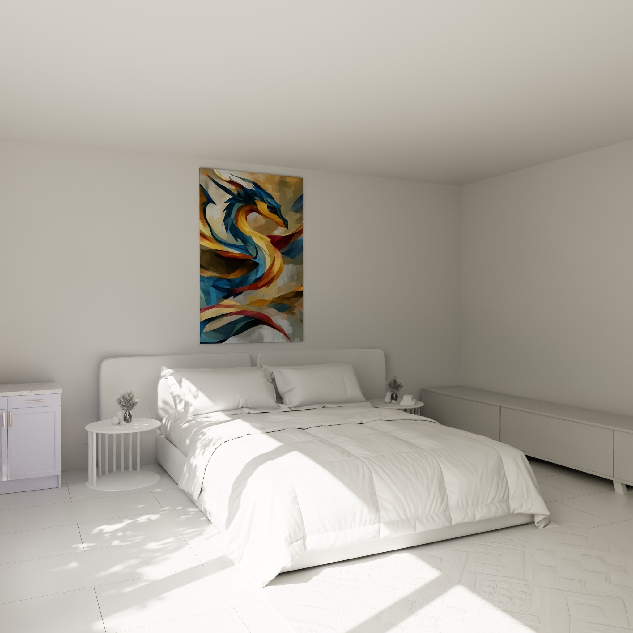 Créature ailée bleu marine et ocre en volutes fluides, accrochée au-dessus d'un lit dans une chambre claire