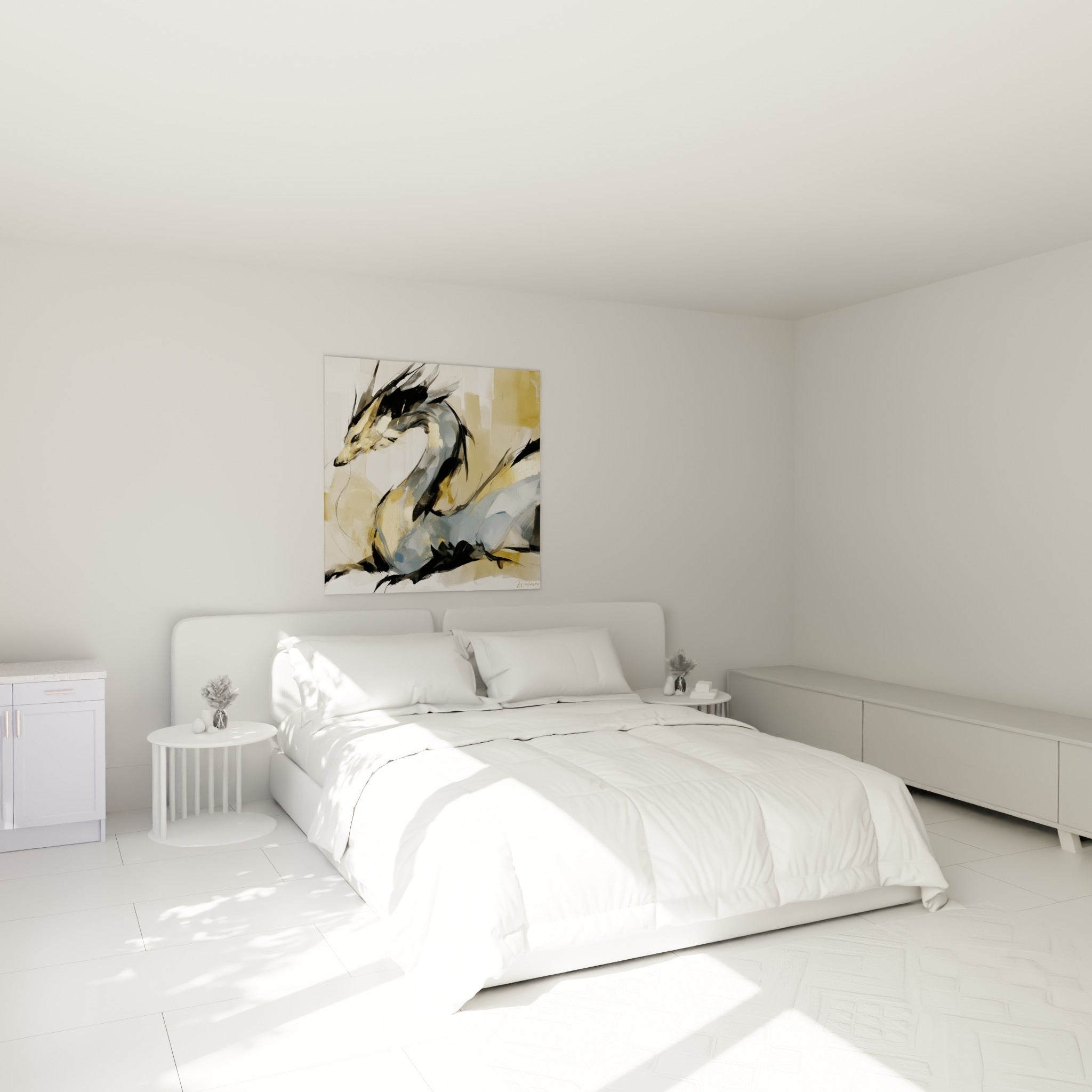 Créature dorée aux traits noirs, dragon élancé, au-dessus d'un lit dans une chambre claire