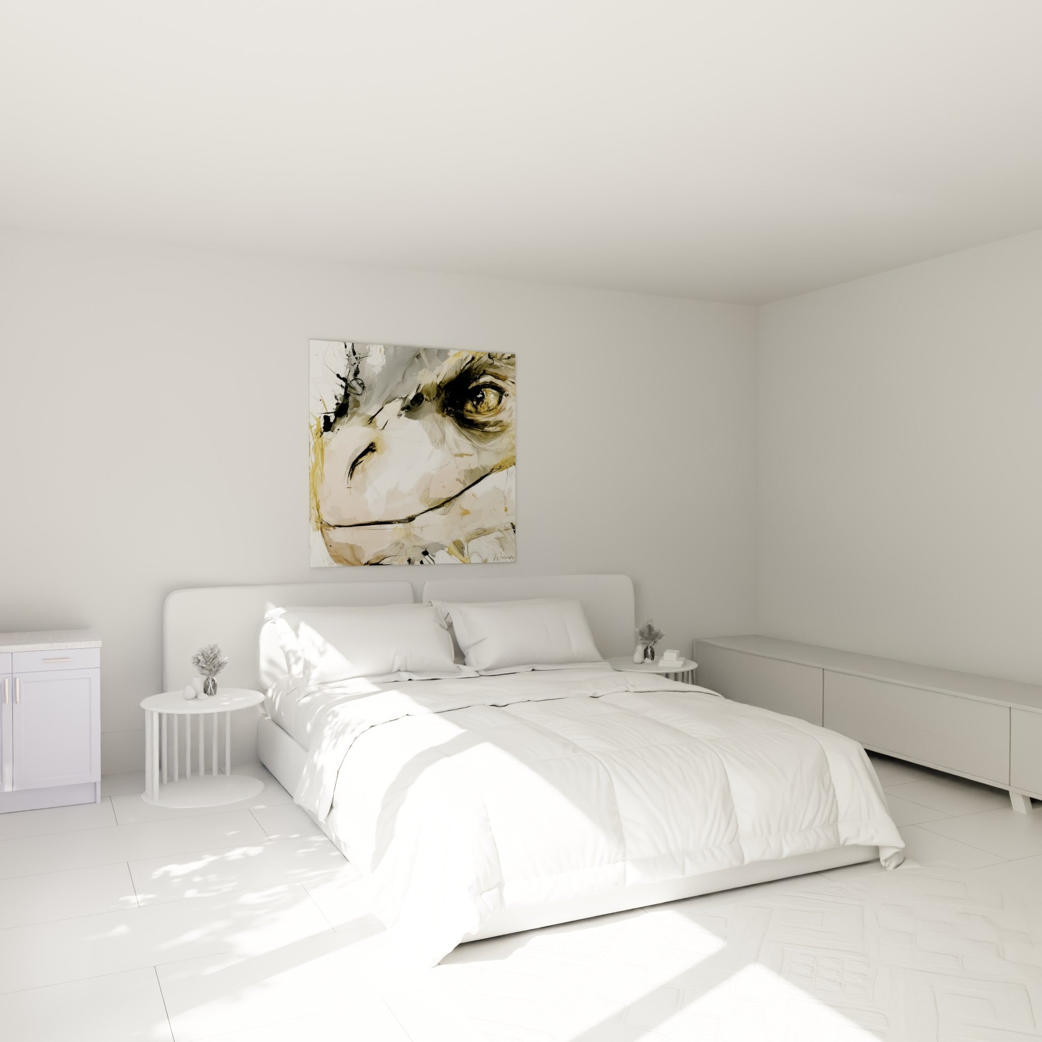 Portrait doré et anthracite au regard perçant, au-dessus d'un lit dans une chambre claire