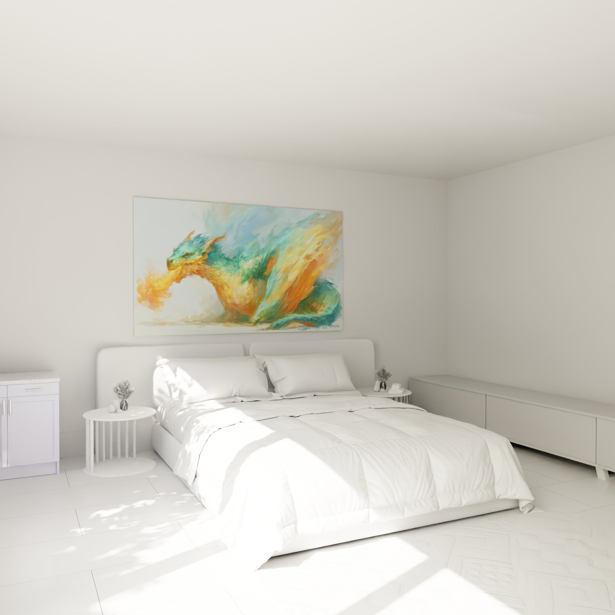 Créature ailée vert sauge et orangé flamboyant au-dessus d'un lit dans une chambre claire