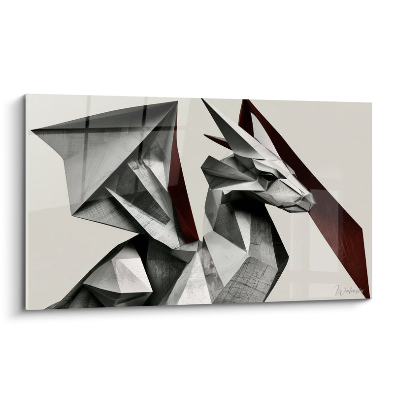 Tableau Dragon origami gris et bordeaux à cornes acérées - Facettes anguleuses papier plié - Edition Dragon