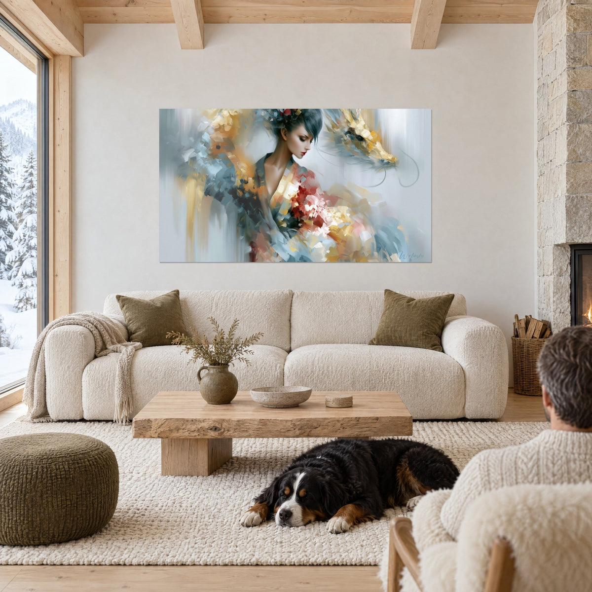 Tableau jeune femme au kimono doré et gris, coups de couteau rouges et bleus, dragon, au-dessus d'un canapé dans un salon lumineux