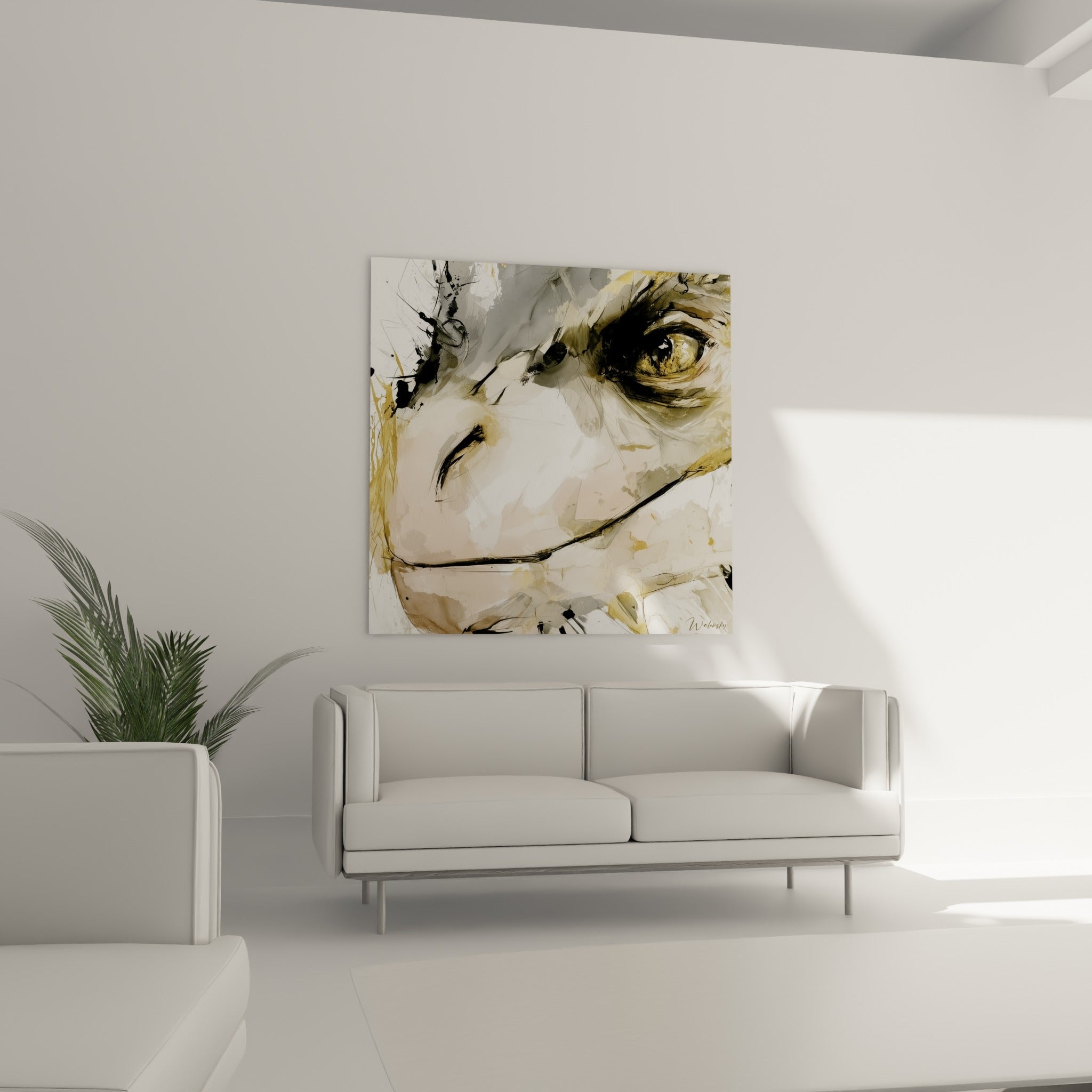 Œil ambré entouré de traits noirs et beiges, au-dessus d'un canapé dans un salon lumineux