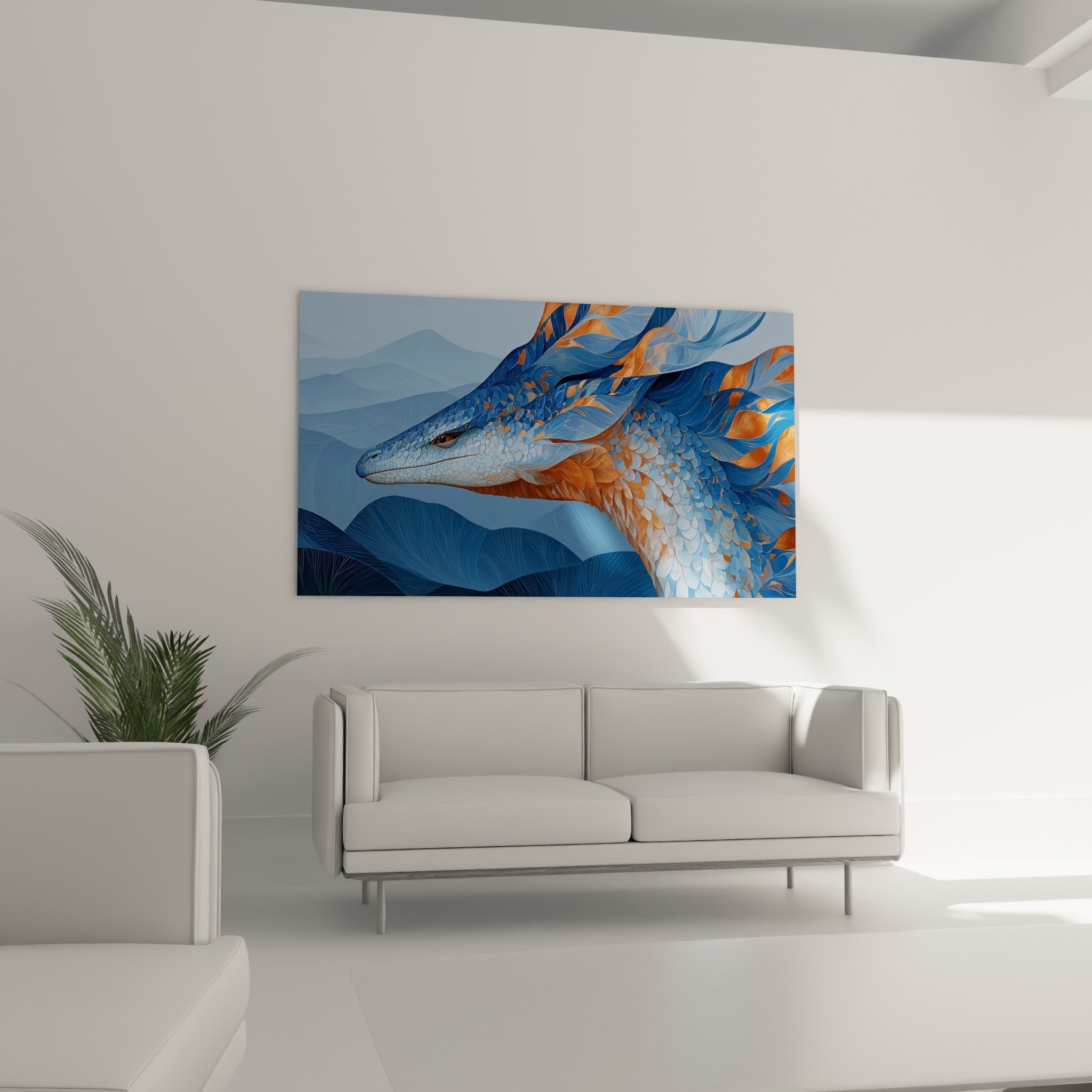 Regard perçant du dragon aux tons bleu profond et orangé, tableau au-dessus d'un canapé dans un salon lumineux