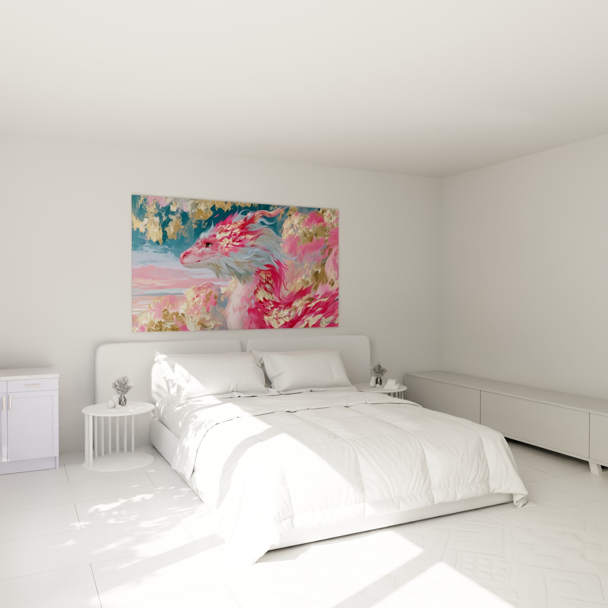 Créature mythique rose et or, museau incliné vers l'horizon, au-dessus d'un lit dans une chambre claire