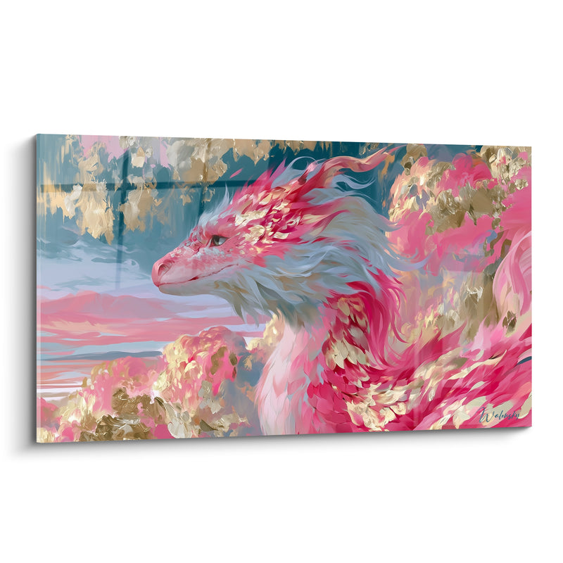 Tableau Tête rose et dorée à la crinière ébouriffée - Profil au ciel bleuté - Edition Dragon