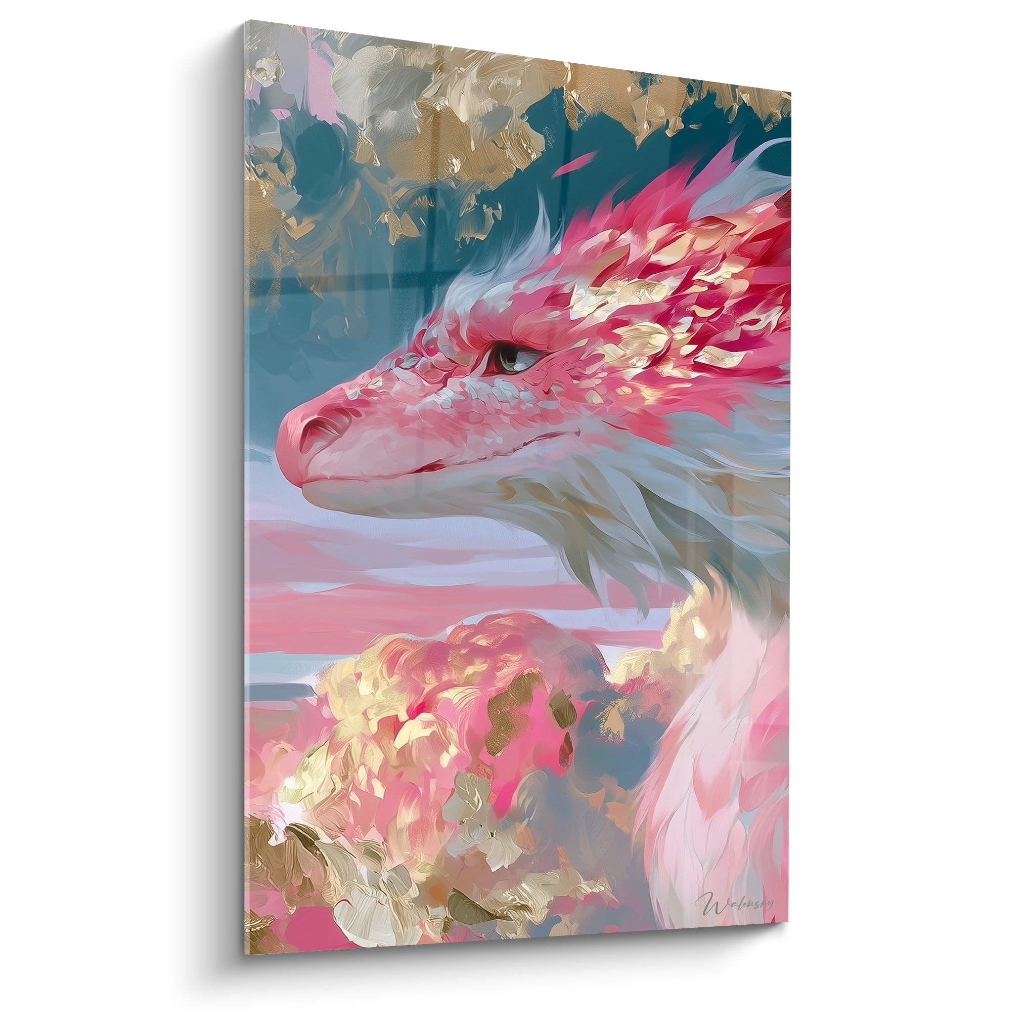 Dragon rose et doré au profil serein, crinière flamboyante sur fond bleu pétrole nuageux