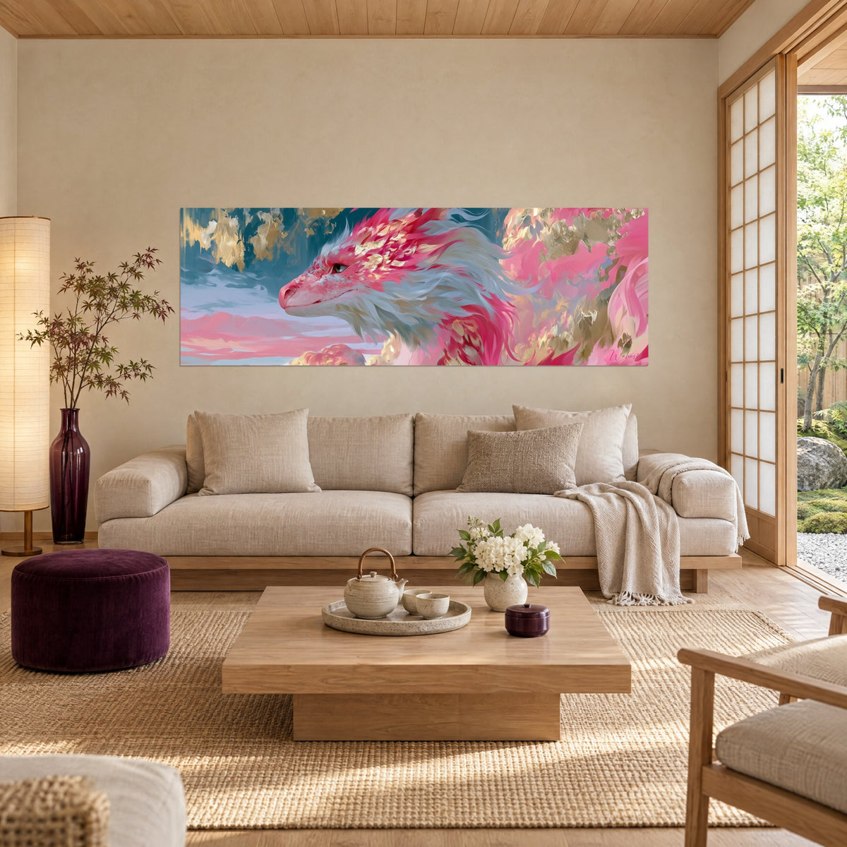 Tableau dragon rose et blanc de profil, crinière dorée sur ciel bleu pastel, au-dessus d'un canapé dans un salon lumineux