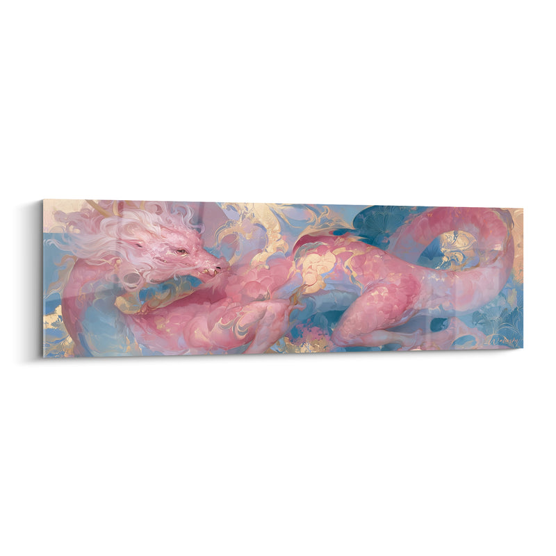 Tableau Dragon rose et bleu à crinière soyeuse - Écailles nacrées marbrées - Edition Dragon