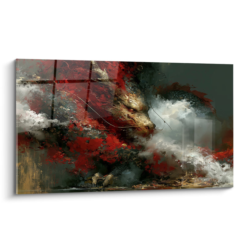 Tableau Dragon rouge et anthracite dans la brume - Surgissement mystique - Edition Dragon