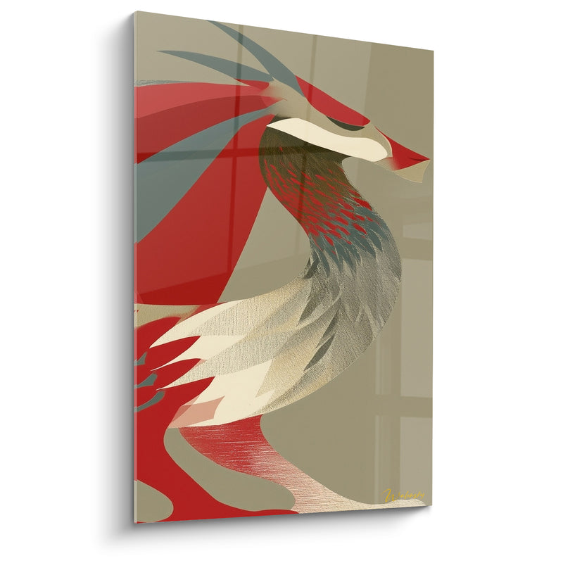 Tableau Dragon rouge et gris au cou incurvé - Plumage effilé stylisé - Edition Dragon