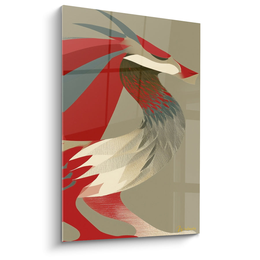 Tableau Dragon rouge et gris au cou incurvé - Plumage effilé stylisé - Edition Dragon