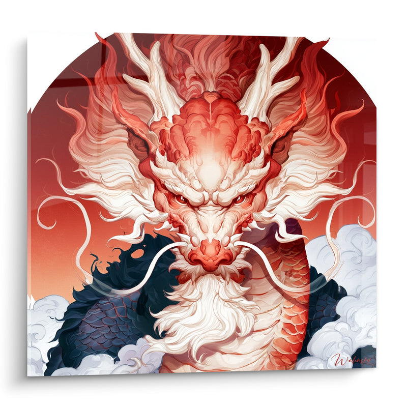Tableau Tête rouge et blanche aux longues moustaches ondulantes - Face émergeant des nuages - Edition Dragon