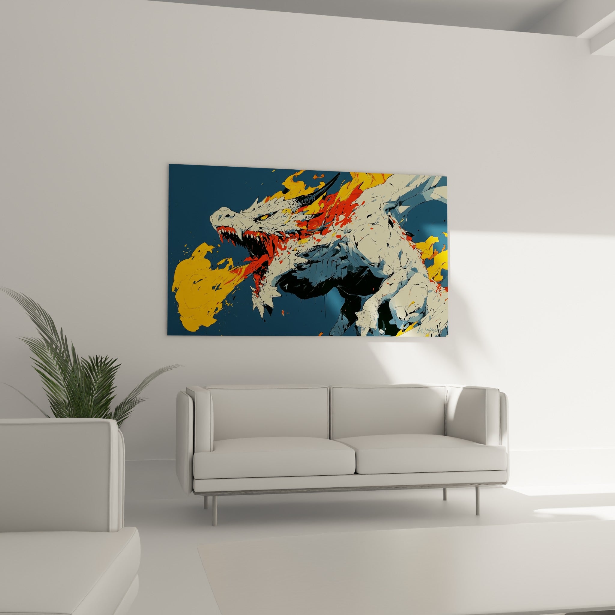 Gueule ouverte du dragon blanc rugissant des flammes jaunes au-dessus d'un canapé dans un salon lumineux