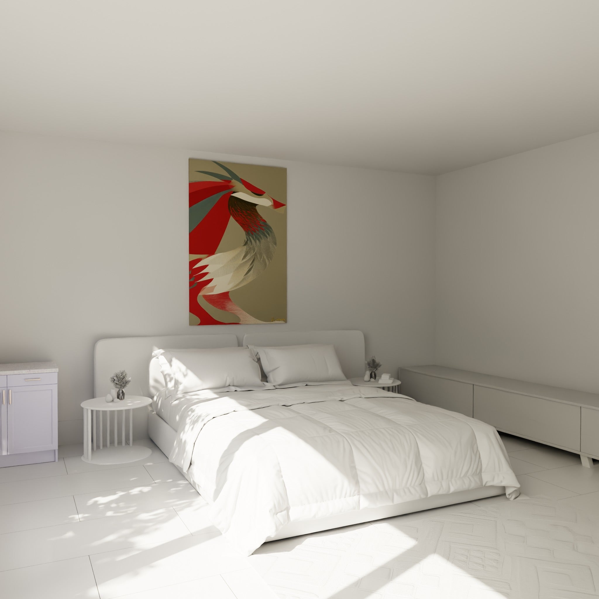 Créature mythique rouge et dorée au cou courbé, accrochée au-dessus d'un lit dans une chambre claire