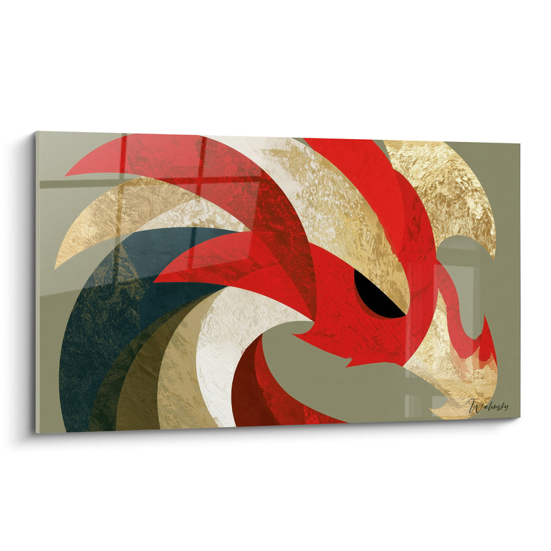 Tableau Tête rouge et dorée aux formes courbes concentriques - Œil noir perçant - Edition Dragon