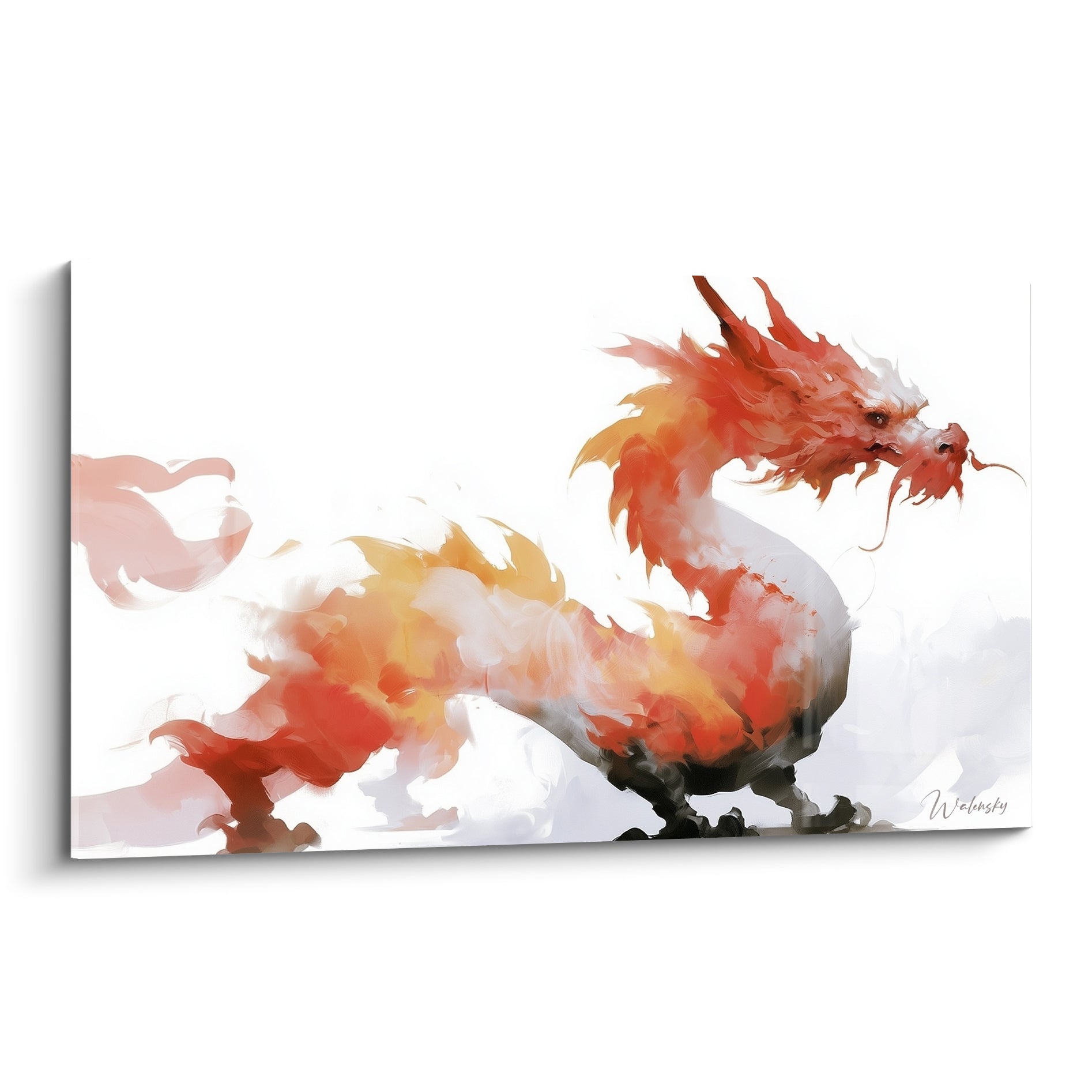 Dragon rouge et ocre surgissant d'une fumée blanche, tête sculptée aux cornes recourbées
