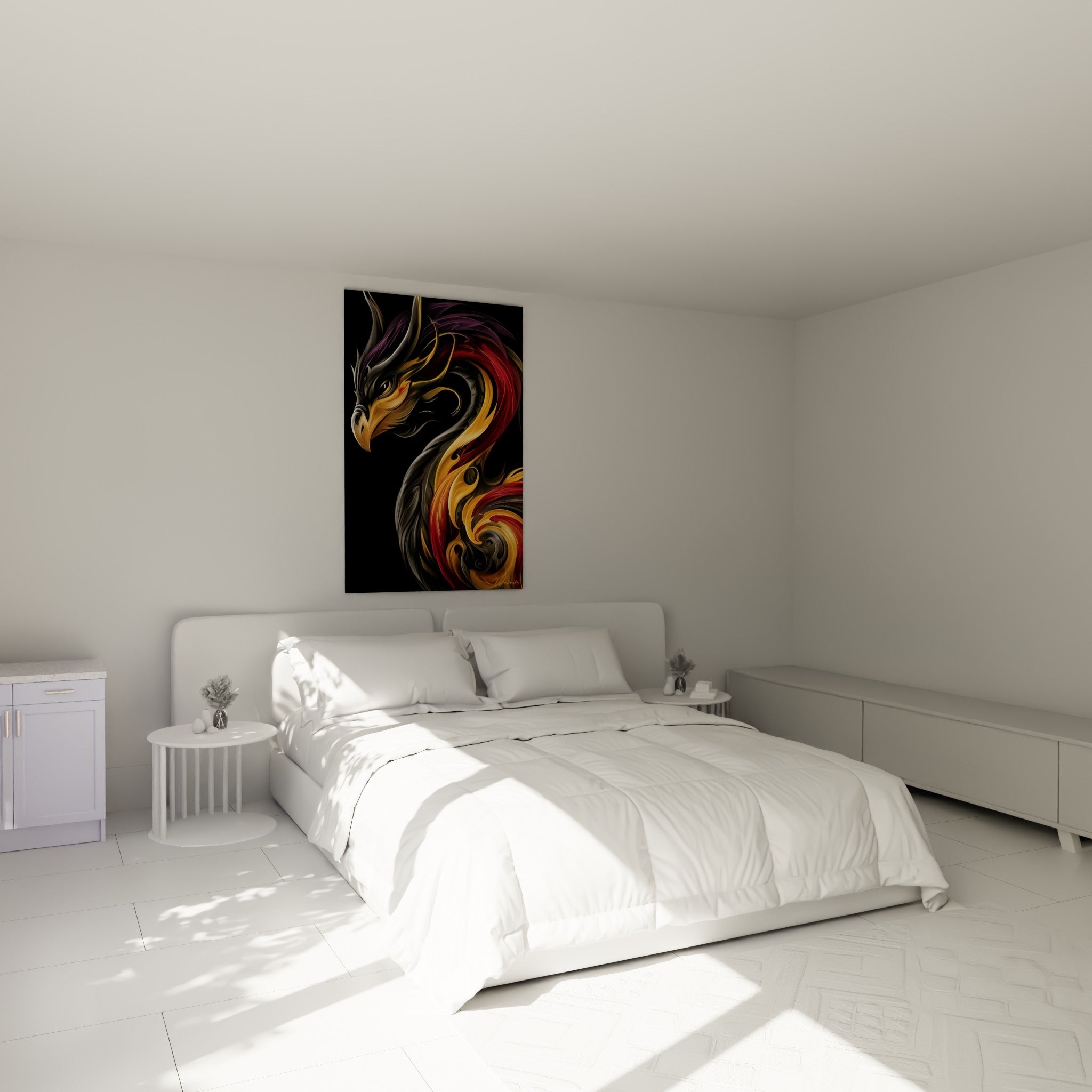 Créature mythique rouge et or aux volutes anthracite, accrochée au-dessus d'un lit dans une chambre claire