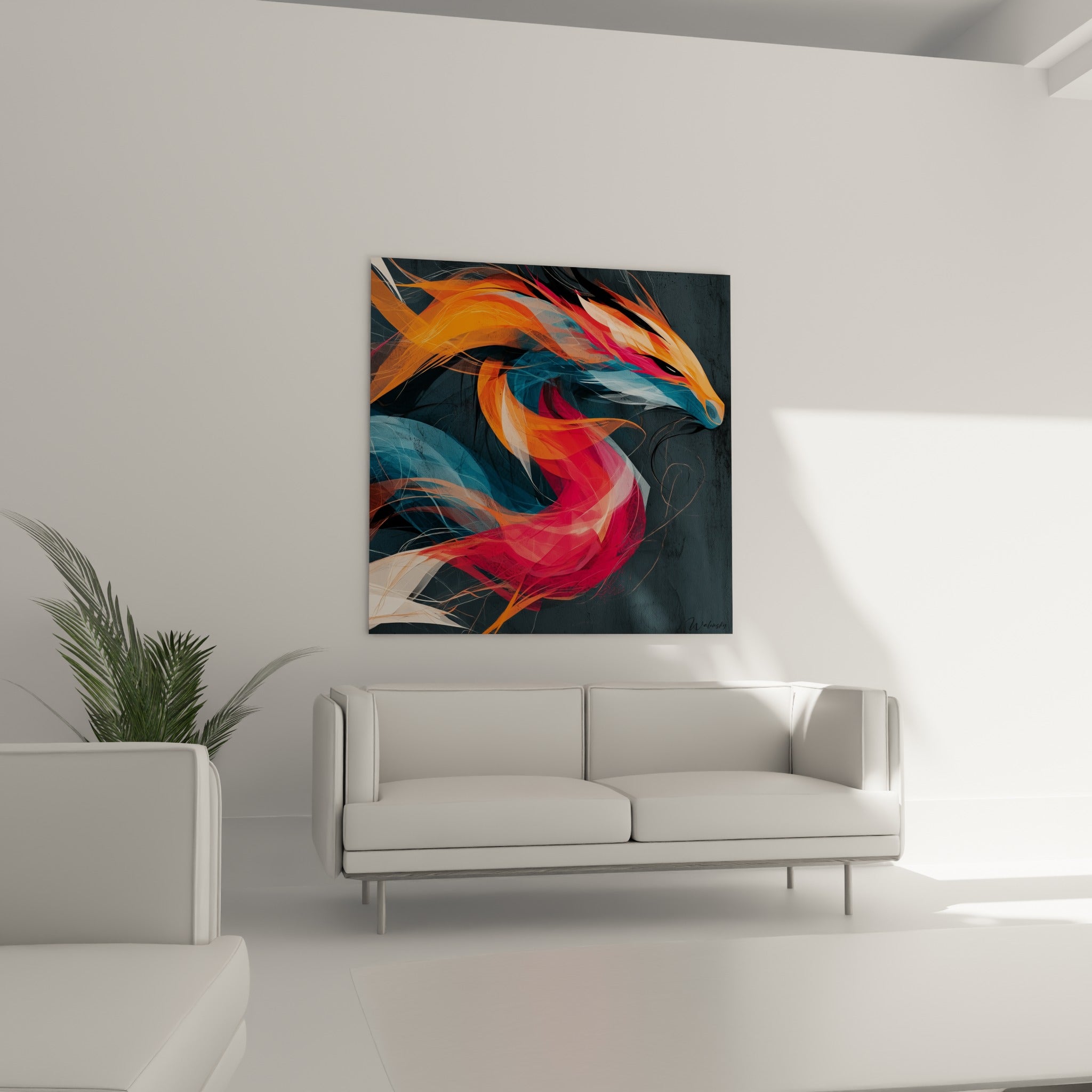 Silhouette de dragon orange et rouge en spirale au-dessus d'un canapé dans un salon lumineux