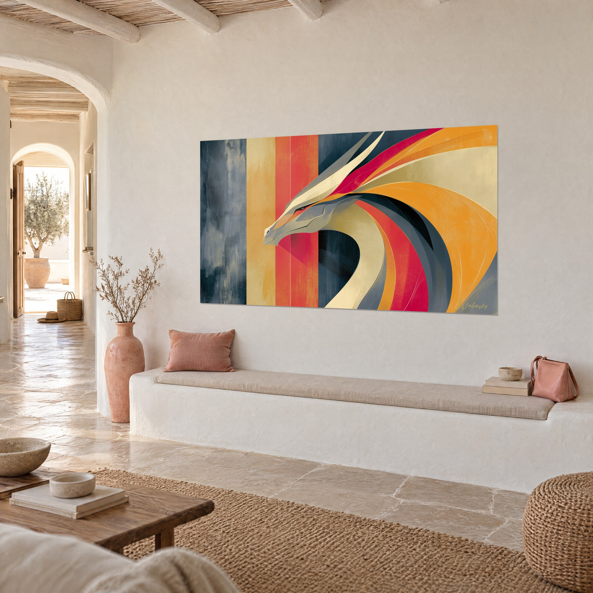 Quadro creatura fantastica con cresta rosso carminio e corpo color crema arrotolato a spirale, vista di tre quarti, casa provenzale
