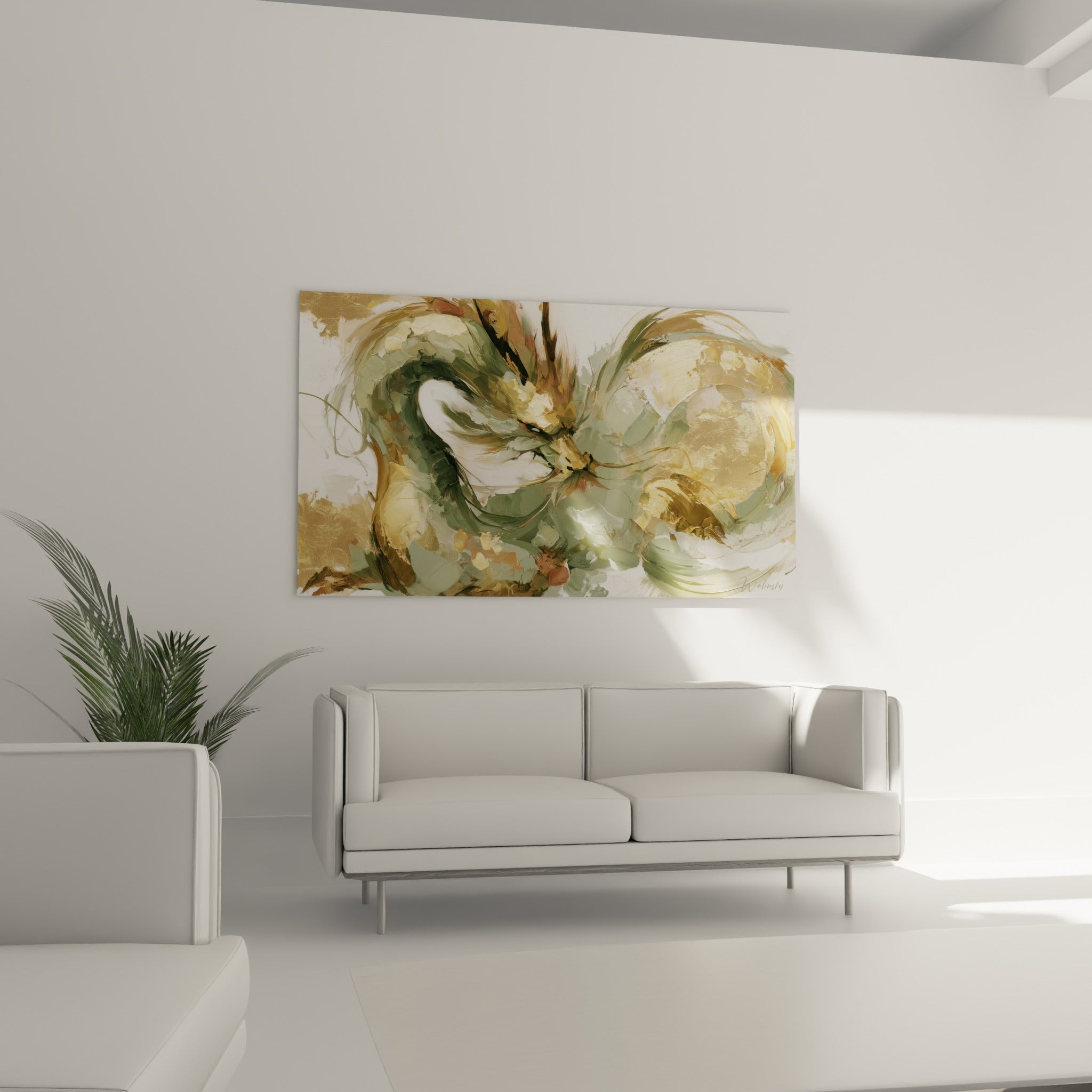 Silhouette mythique verte et dorée en spirale, museau brun terracotta, au-dessus d'un canapé dans un salon lumineux