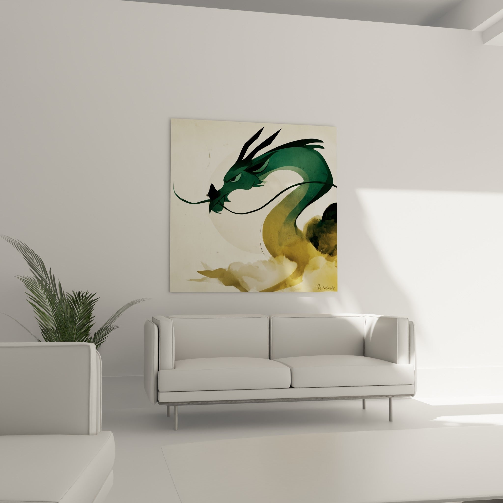 Silhouette de dragon doré et vert profond au-dessus d'un canapé dans un salon lumineux