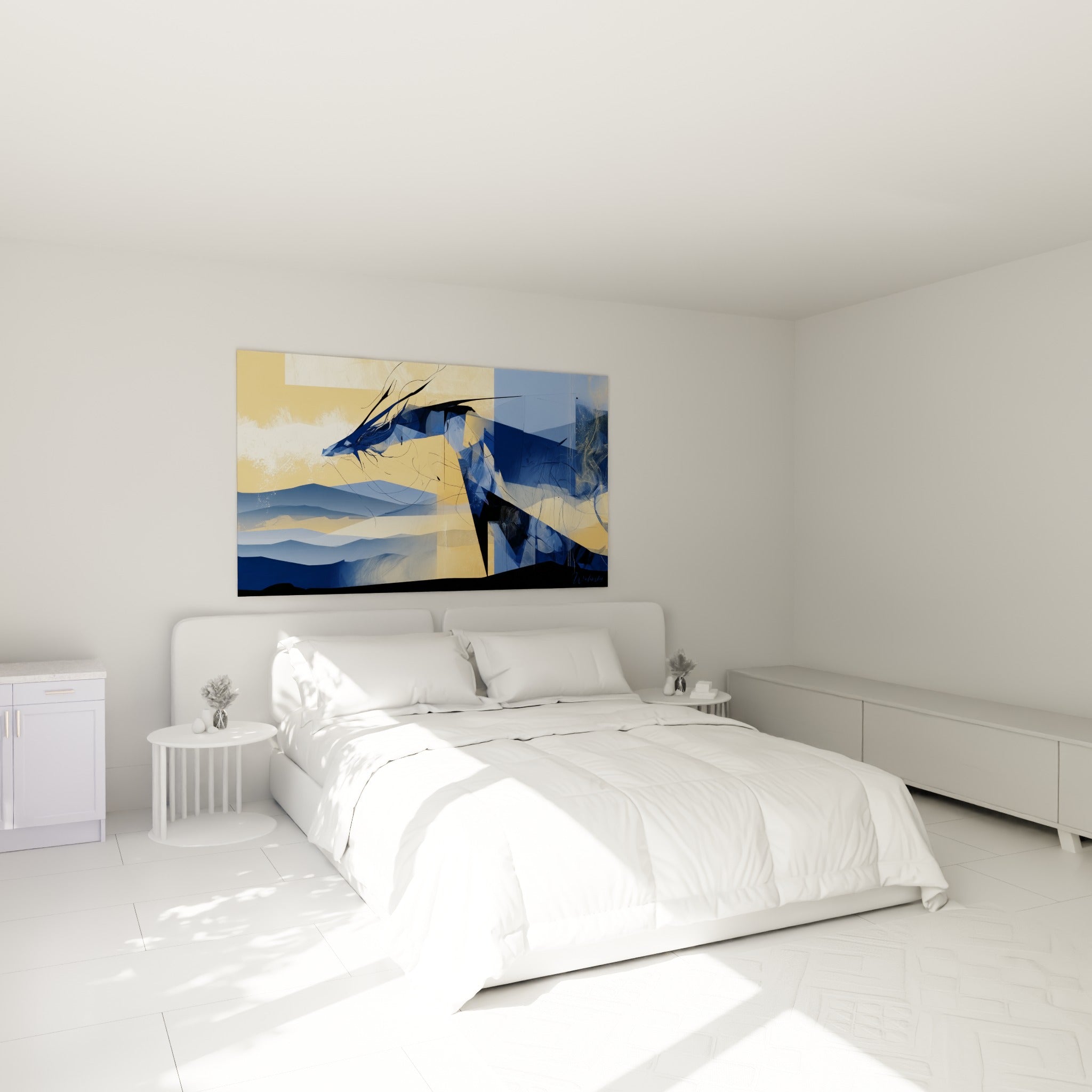 Silhouette de dragon bleu marine et ocre suspendue au-dessus d'un lit dans une chambre claire