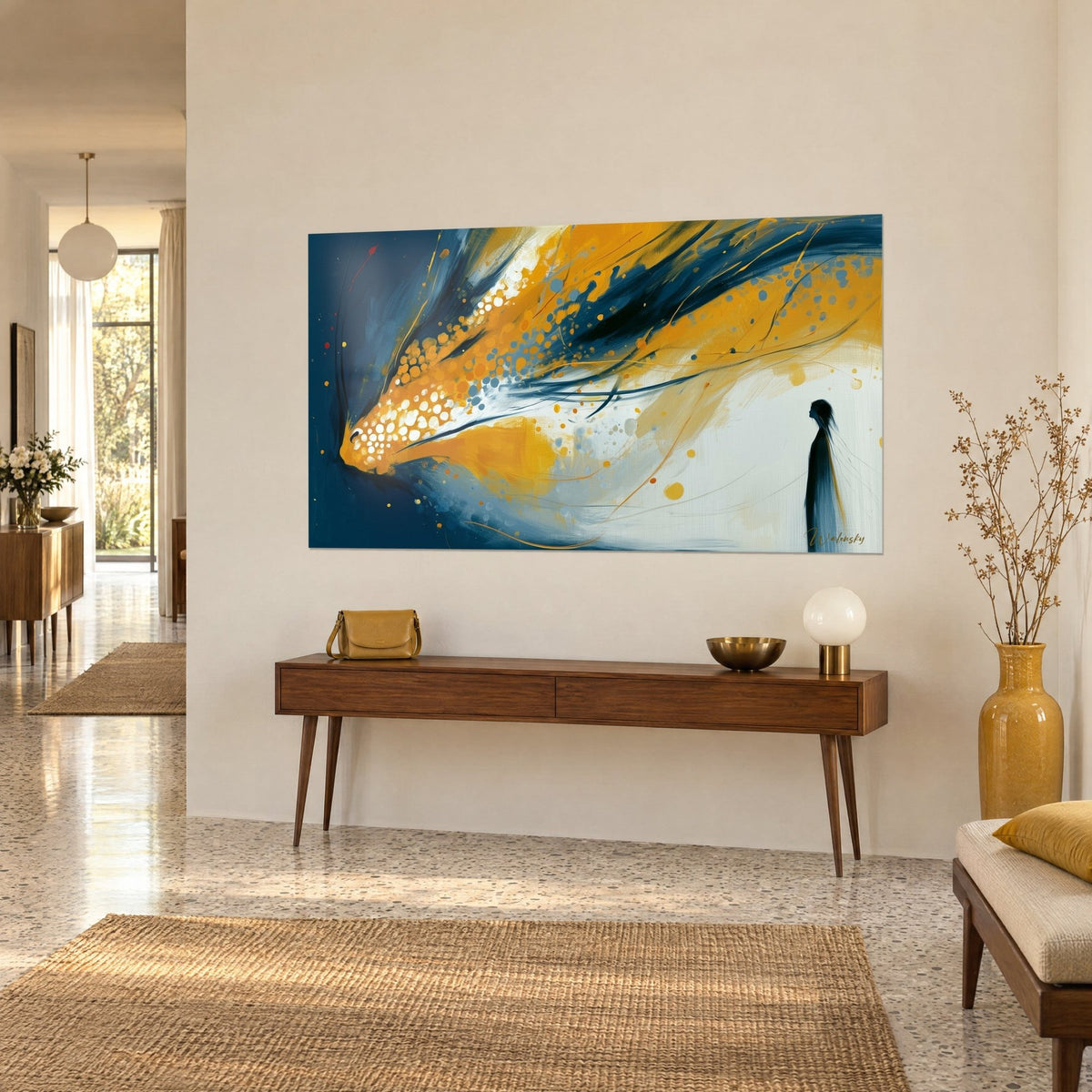 Quadro testa di drago dorata punteggiata di bolle bianche su fondo blu navy, tratto nero slanciato, vista di tre quarti su una console