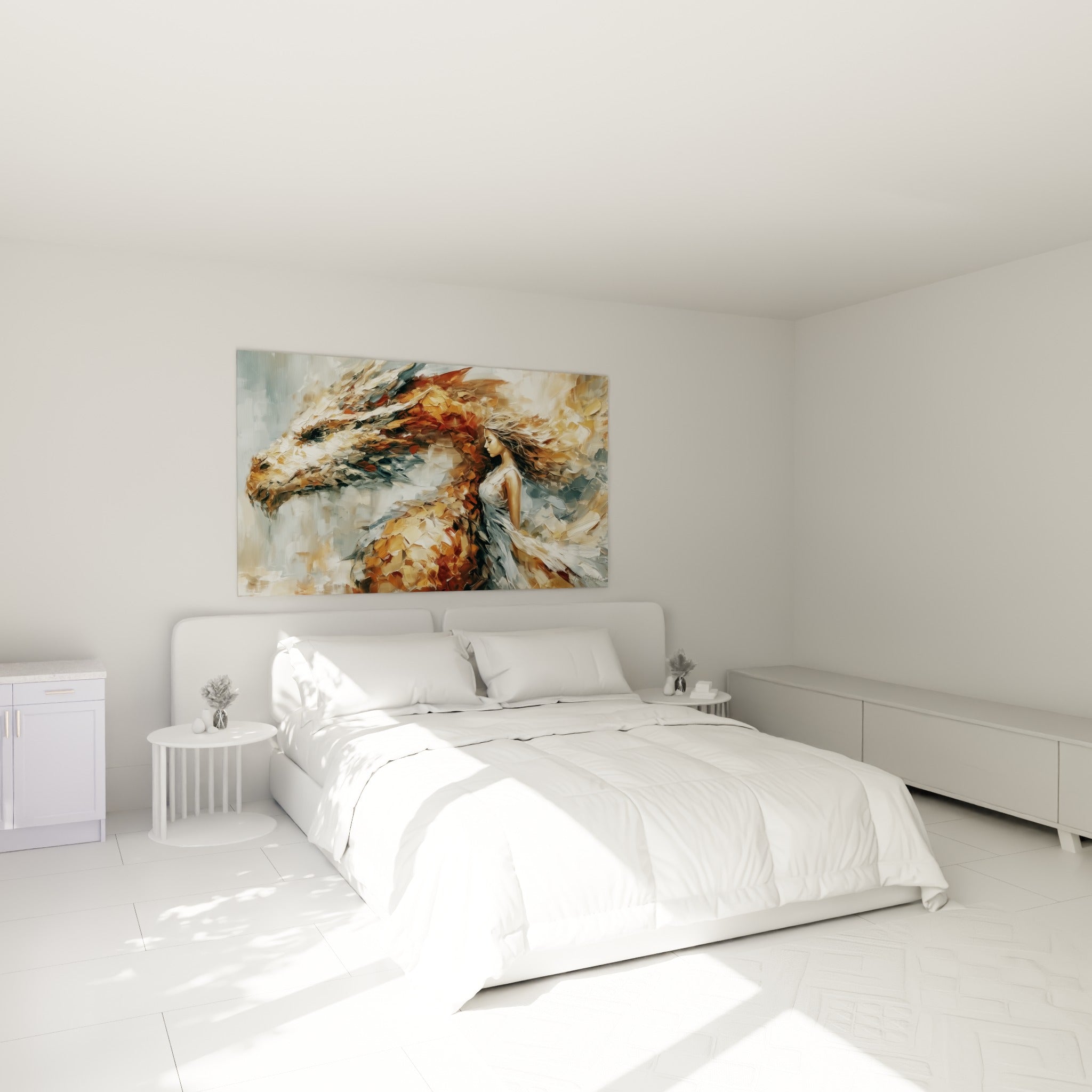 Silhouette féminine fusionnée à un dragon ocre et anthracite, au-dessus d'un lit dans une chambre claire