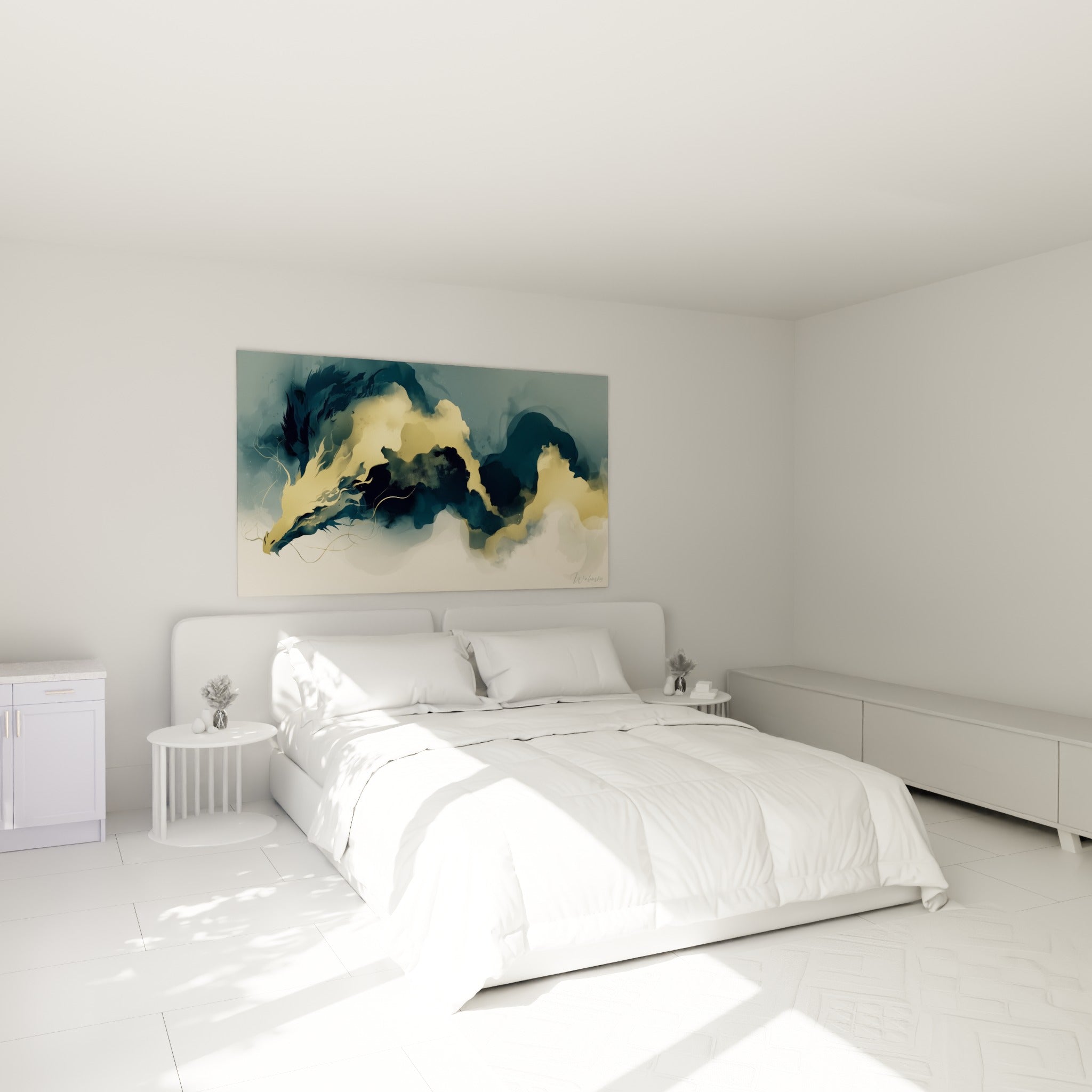 Créature dorée aux mèches fines émergeant d'un fond anthracite, au-dessus d'un lit dans une chambre claire