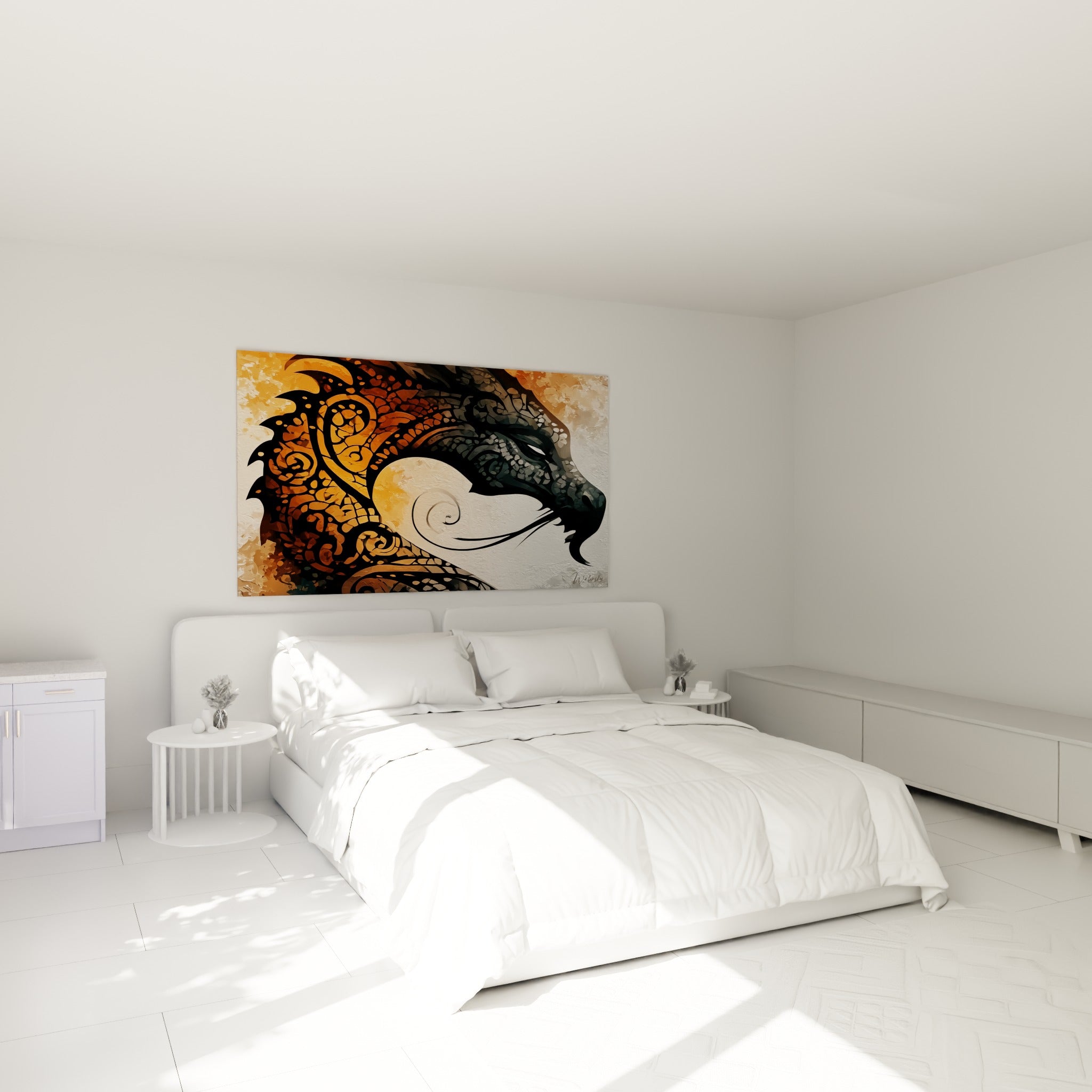 Créature mythique ocre et noire au souffle blanc sculpté, au-dessus d'un lit dans une chambre claire