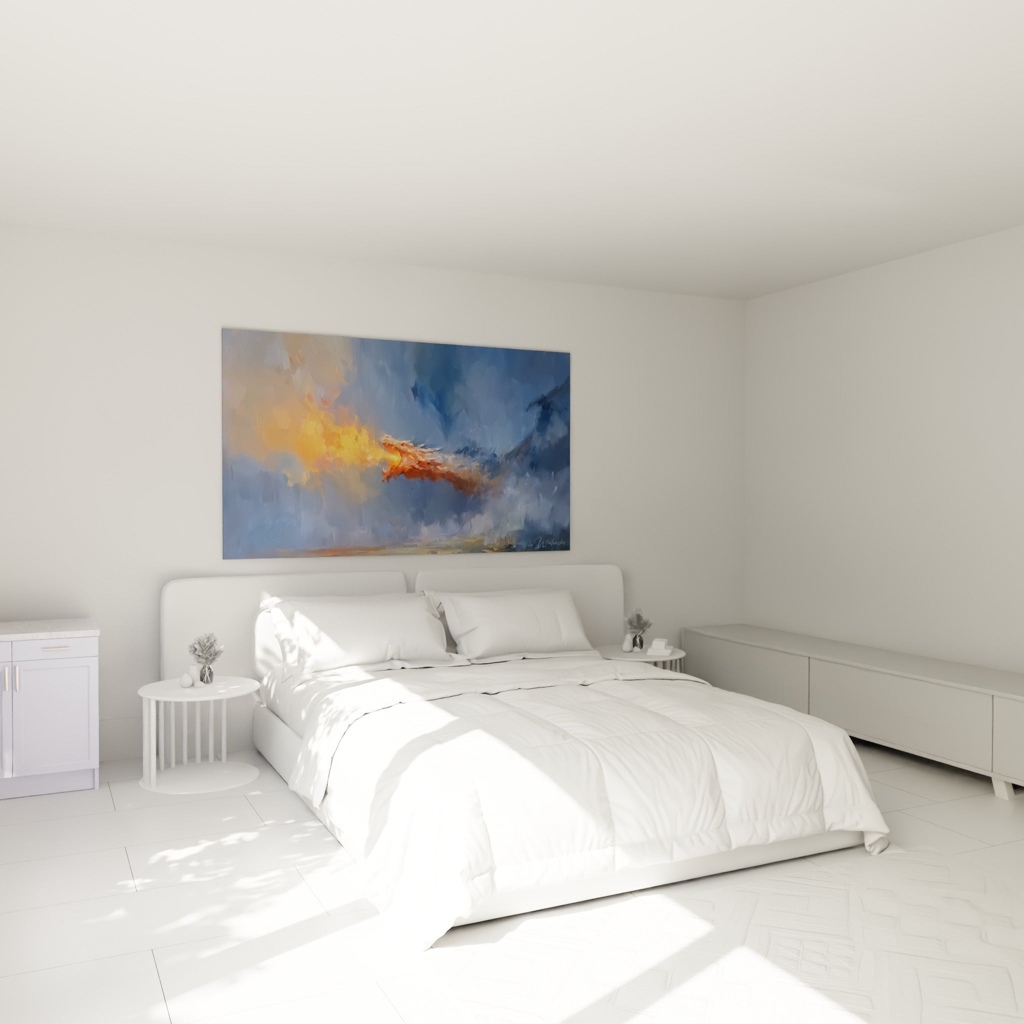 Créature ailée aux flammes ocre et fauves surgit d'un ciel bleuté au-dessus d'un lit dans une chambre claire