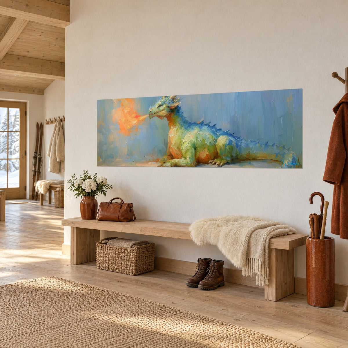 Wall art crouching fantasy creature with blue crests breathing orange fire against an azure sky, white chalet wall
