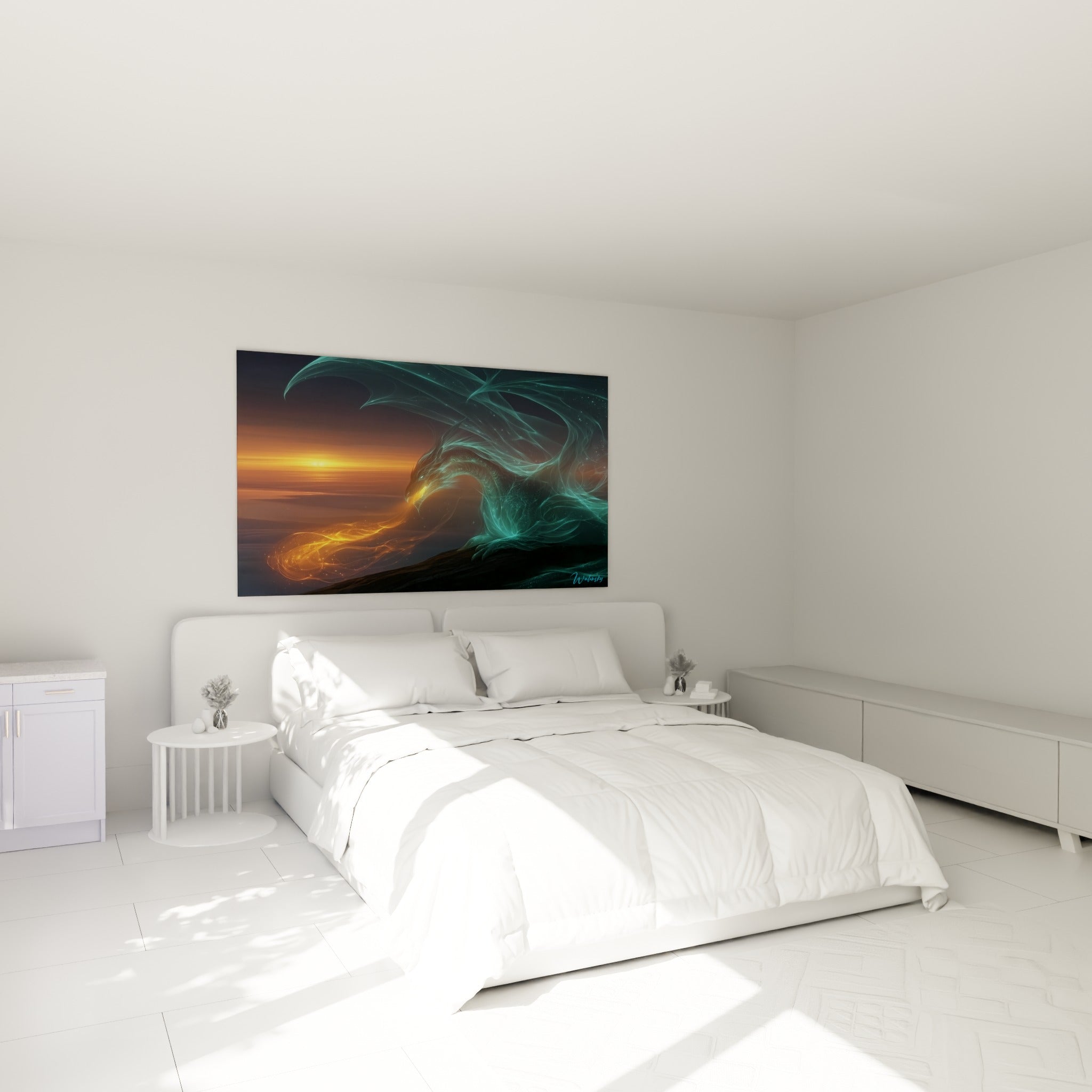 Créature spectrale bleu sarcelle et souffle ambré accrochée au-dessus d'un lit dans une chambre claire