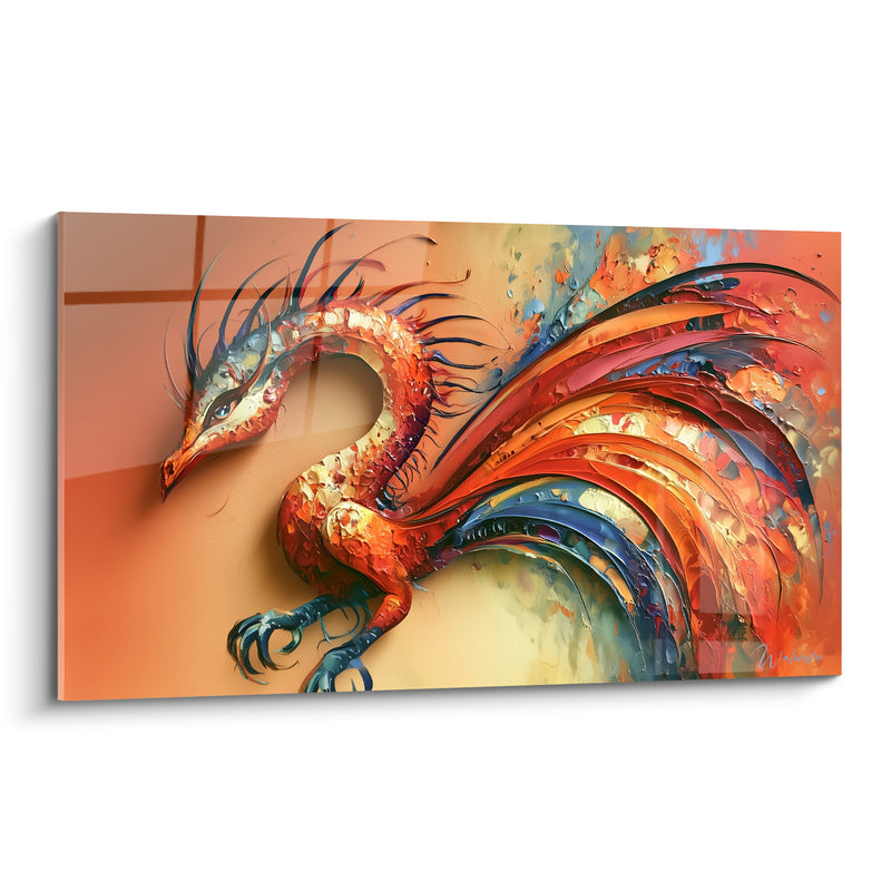 Tableau Dragon oiseau roux et bleu à longue queue en éventail - Serres bleues griffues - Edition Dragon