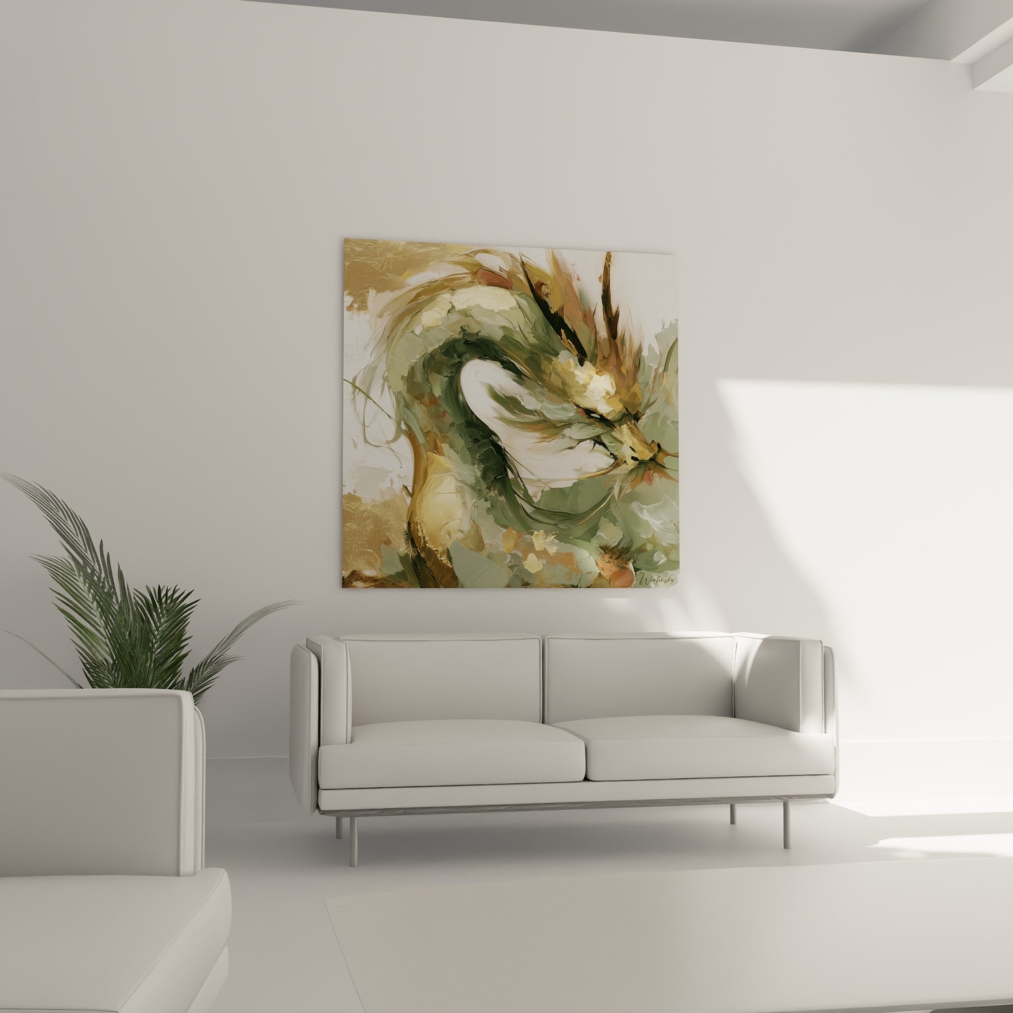 Silhouette de dragon ocre et vert sauge, tête penchée, au-dessus d'un canapé dans un salon lumineux