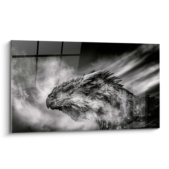 Dragon écailleux gris anthracite et blanc, tête de profil émergeant d'une brume dense