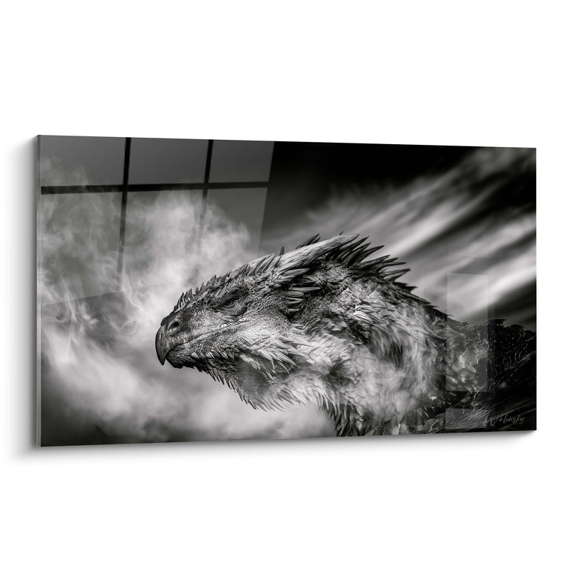 Tableau Tête grise et noire au bec crochu - Écailles hérissées et fumée - Edition Dragon