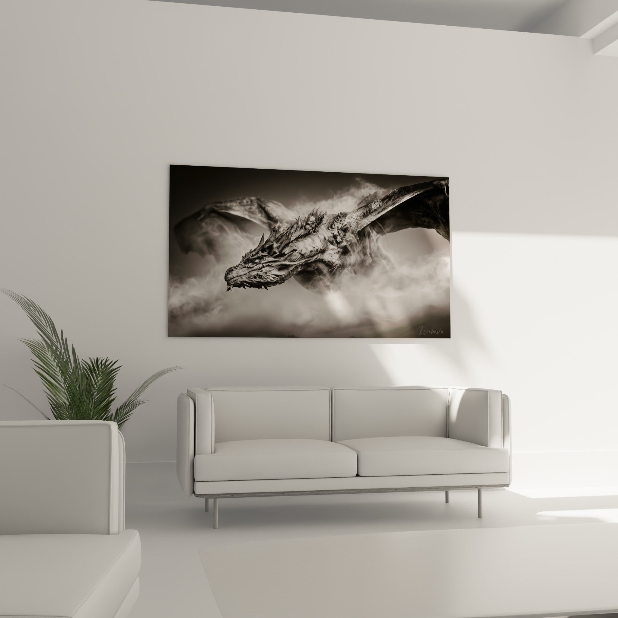 Tête cornue du dragon aux écailles grises détaillées, au-dessus d'un canapé dans un salon lumineux