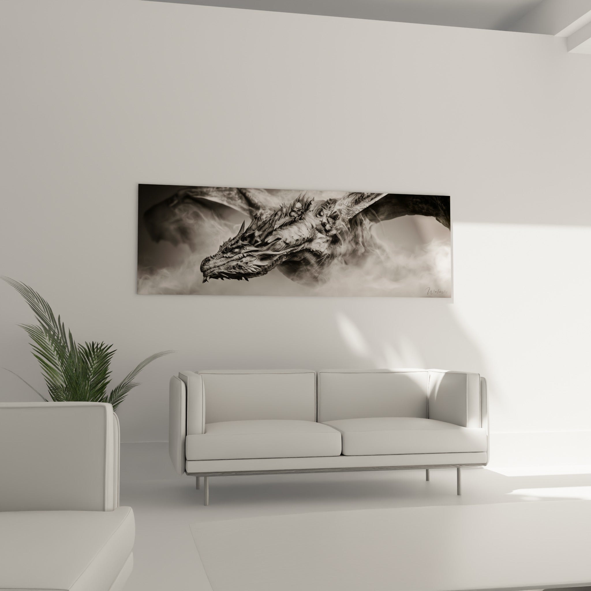 Tête de dragon gris fumé aux crocs saillants surplombant un canapé dans un salon lumineux