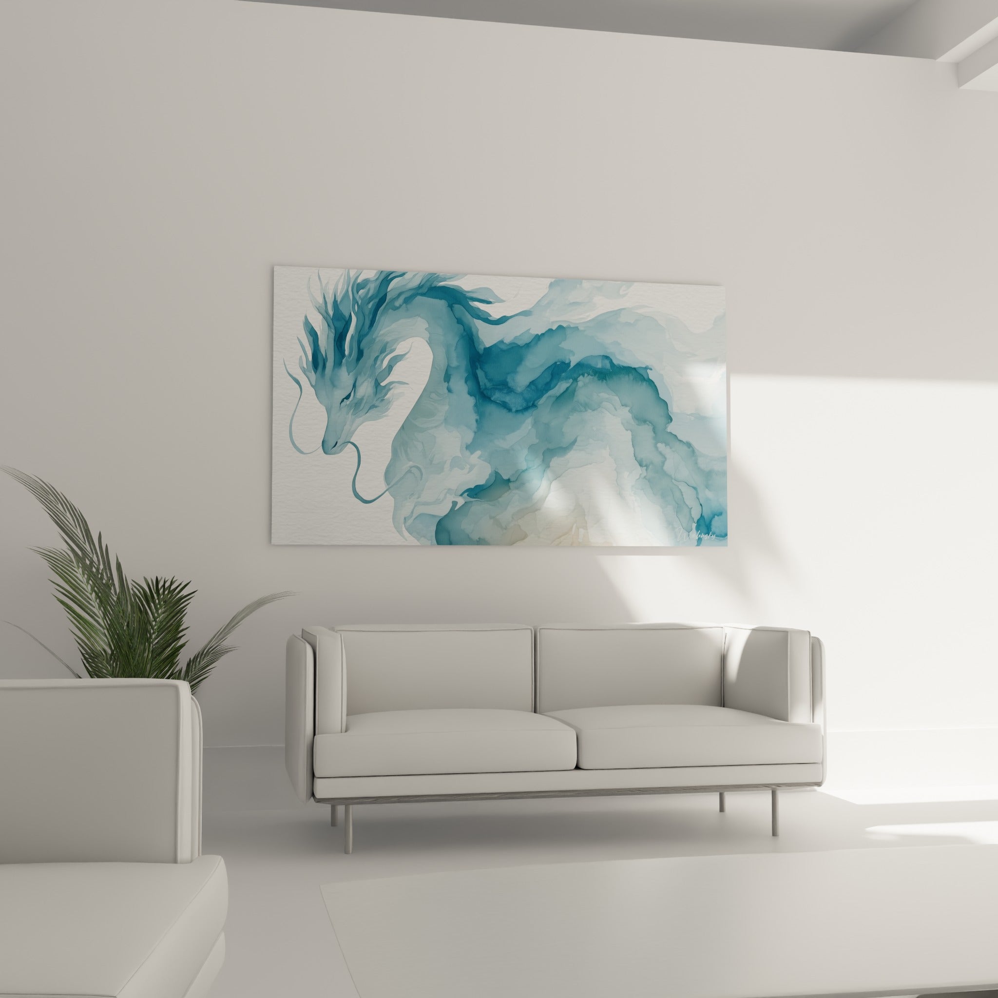Tête de dragon aux crinières bleu marine et touches dorées au-dessus d'un canapé dans un salon lumineux