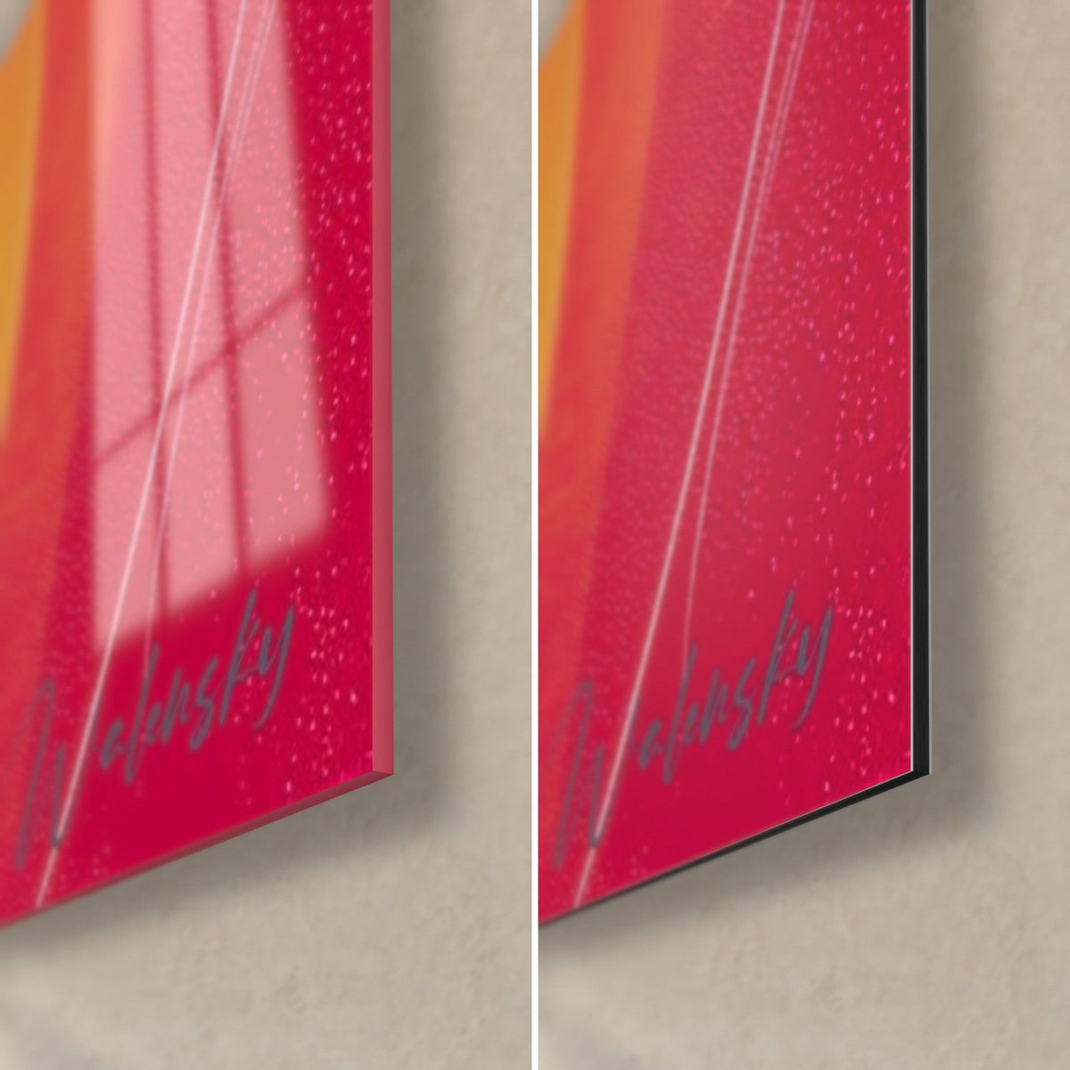 Tableau dragon aux bandes rouge carmin et orangé, coin bas droit : verre brillant reflétant la lumière, alu Dibond mat, tranche 3 mm
